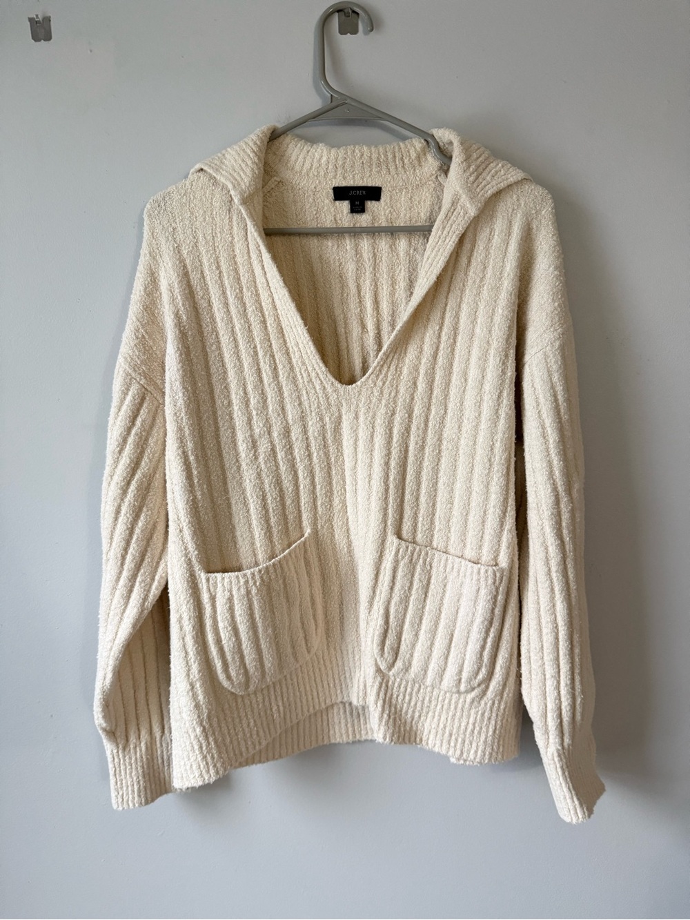 J. Crew Cozy Cream V-Neck Hooded Sweater with Pockets Ribbed Beige Cream Size M